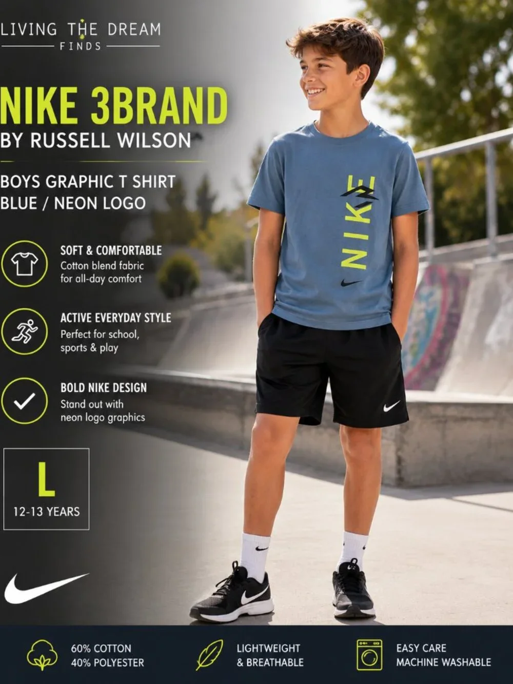 Nike 3BRAND by Russell Wilson Boys Graphic T Shirt Blue Neon Logo Short Sleeve S